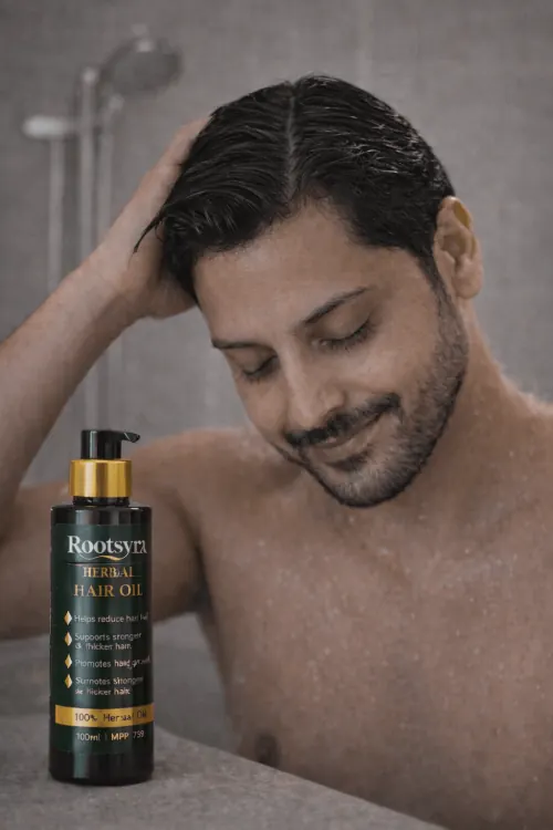 After rinsing in the bathroom, healthy-looking hair with Rootsyra Herbal Hair Oil bottle—morning finish to the ritual.